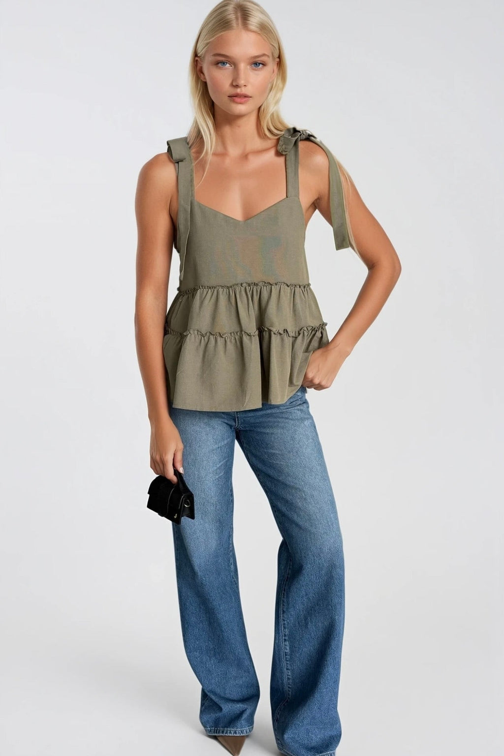 Strappy Ribbon Detail Khaki Blouse