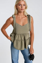 Khaki Blouse with Strappy Ribbon Detail