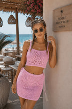 Strappy Knitted Pattern Crop Blouse Mini Skirt Pink Two-Piece Set