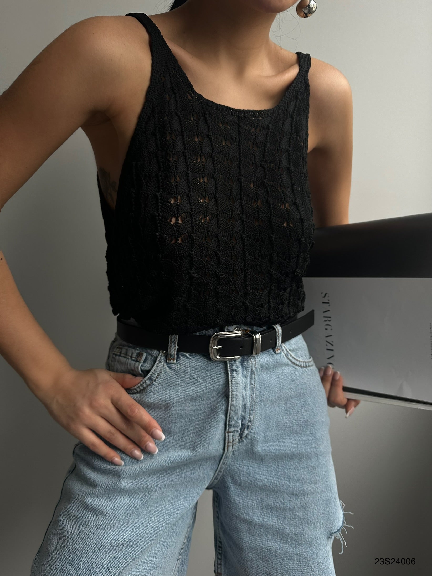 Strappy Black Knit Blouse