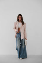 Lining Detail Shoulder-Padded Beige Blazer