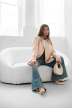 Lining Detail Shoulder-Padded Beige Blazer