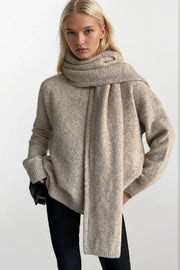Scarf Detail Textured Beige Knit Sweater Two Piece Set