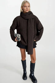 Scarf Detail Textured Brown Knit Sweater Two-Piece Set