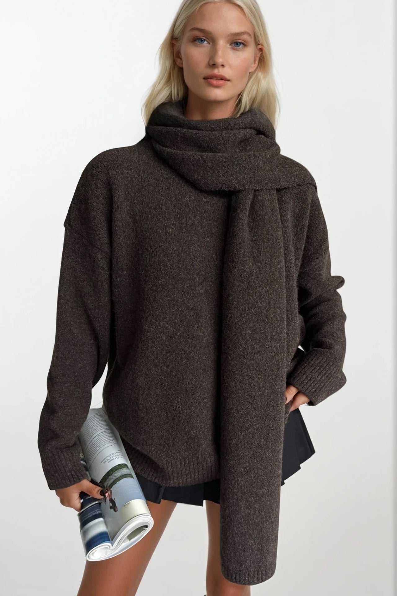 Scarf Detail Textured Brown Knit Sweater Two-Piece Set