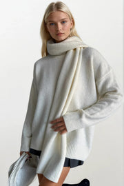 Scarf Detail Textured Ecru Knit Sweater Two-Piece Set