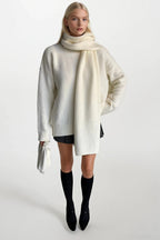 Scarf Detail Textured Ecru Knit Sweater Two-Piece Set