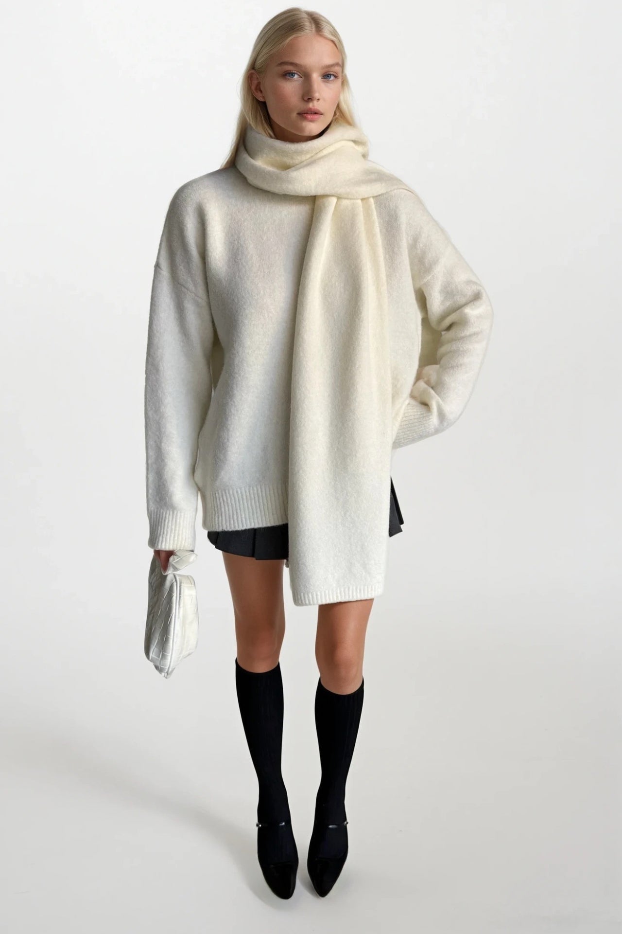 Scarf Detail Textured Ecru Knit Sweater Two-Piece Set