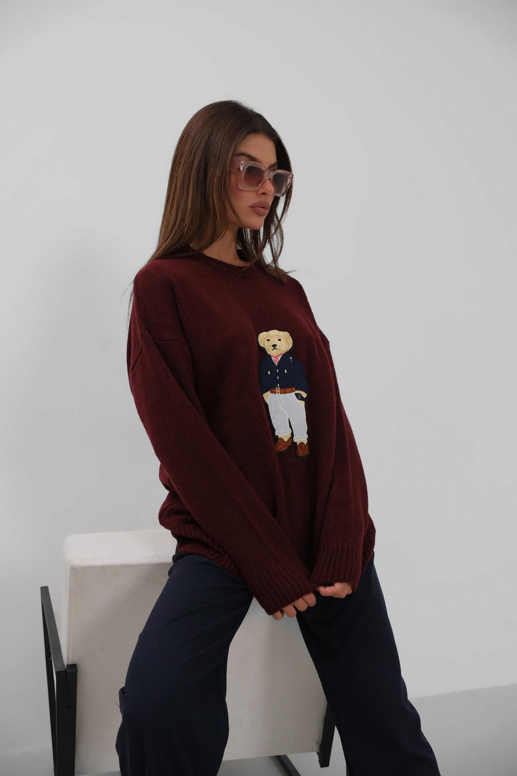 Teddy Embroidered Oversize Burgundy Sweater