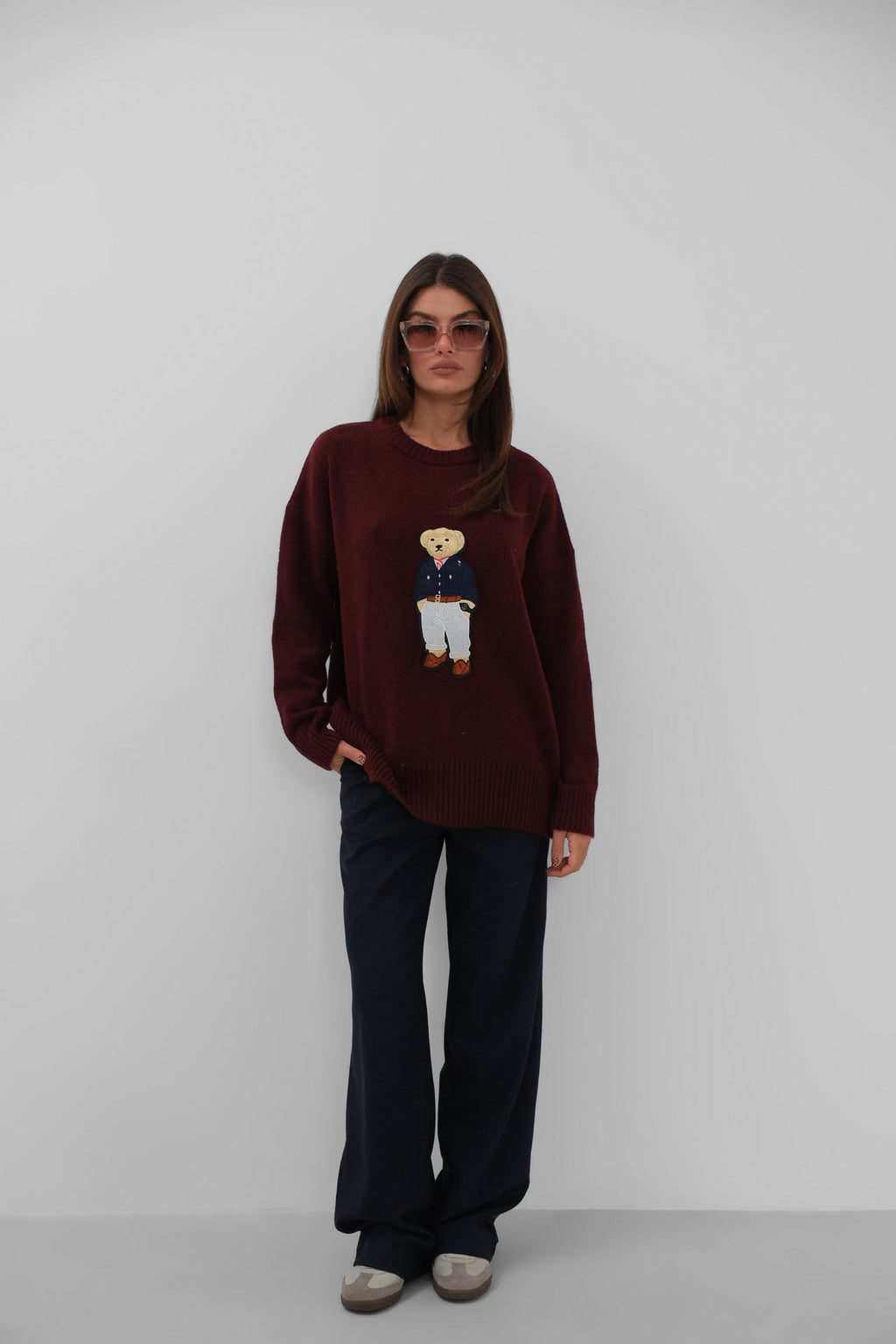 Teddy Embroidered Oversize Burgundy Sweater