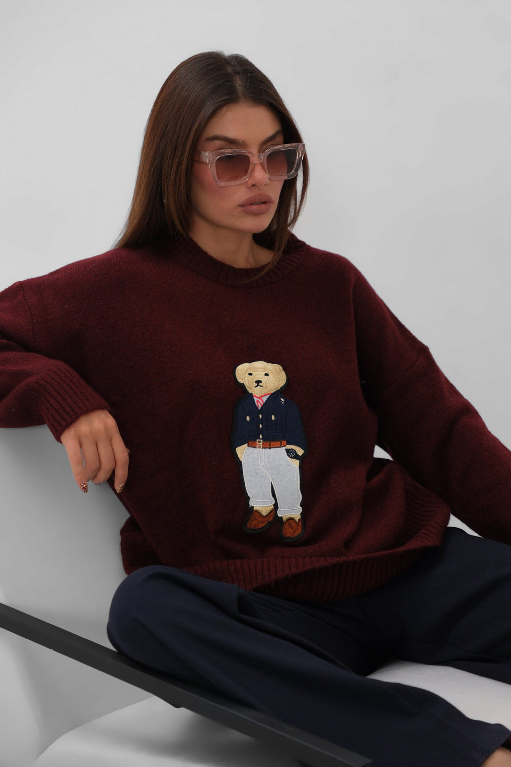 Teddy Embroidered Oversize Burgundy Sweater