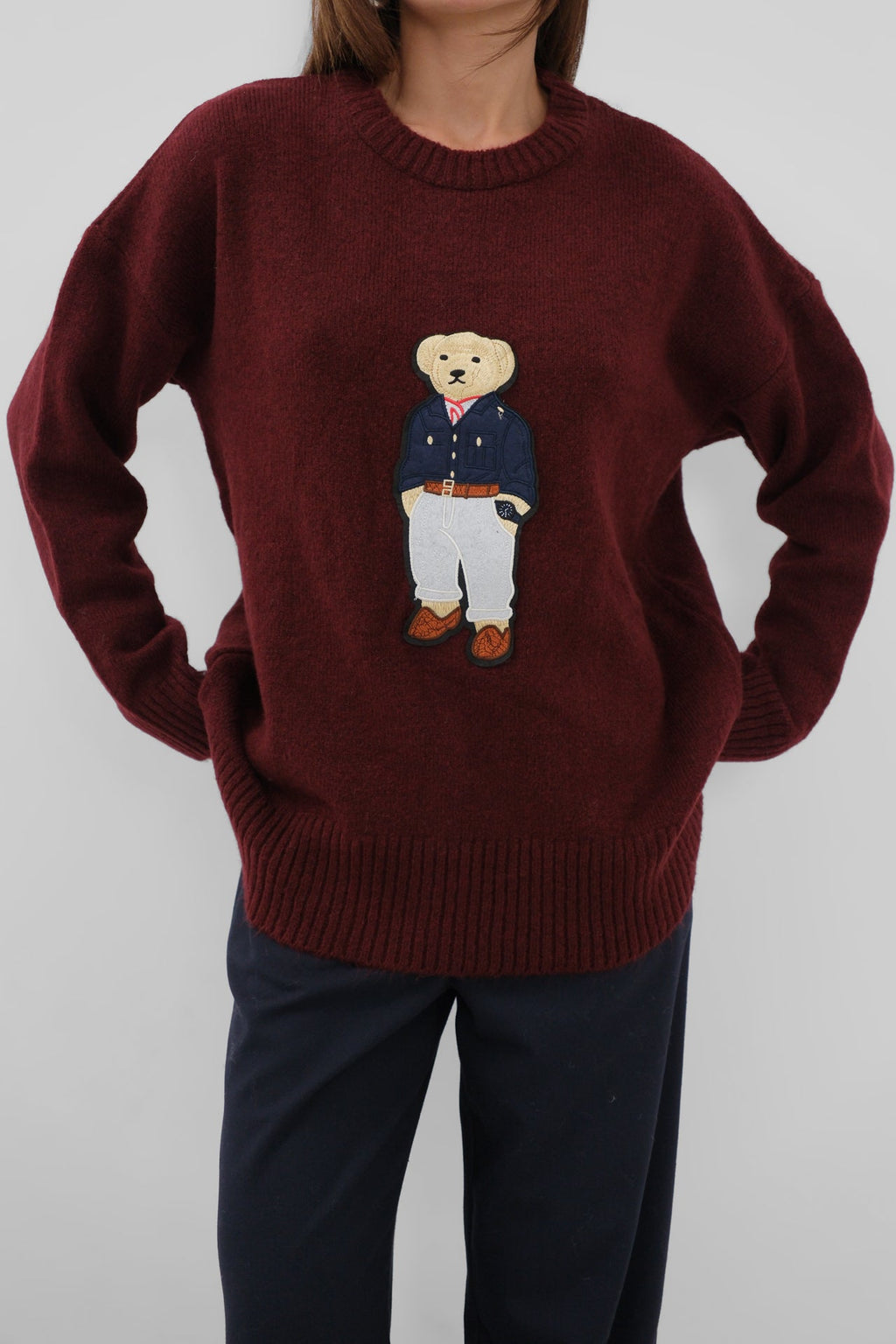 Teddy Embroidered Oversize Burgundy Sweater