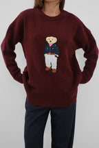 Teddy Embroidered Oversize Burgundy Sweater