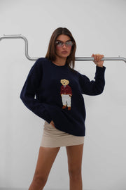 Oversized Navy Blue Sweater with Teddy Bear Embroider