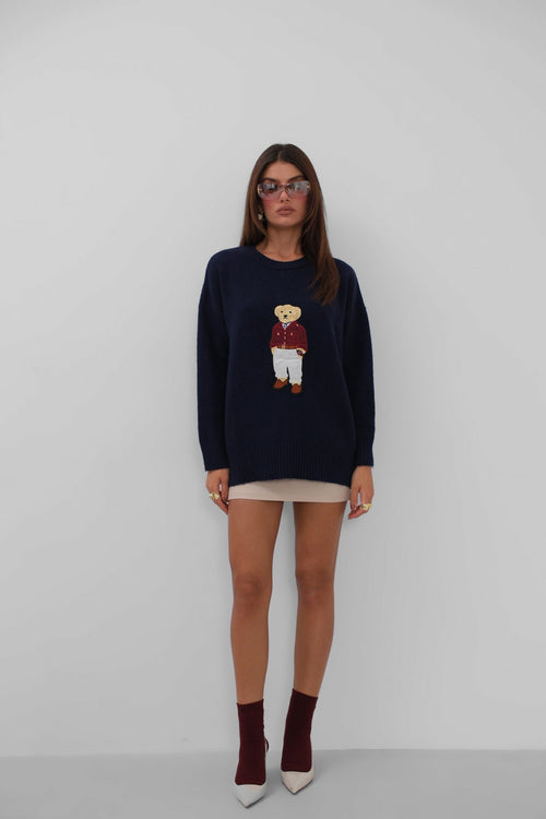 Ayicik Islemeli Oversize Navy Sweater