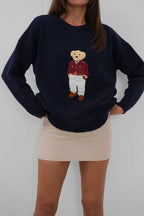 Ayicik Islemeli Oversize Navy Sweater
