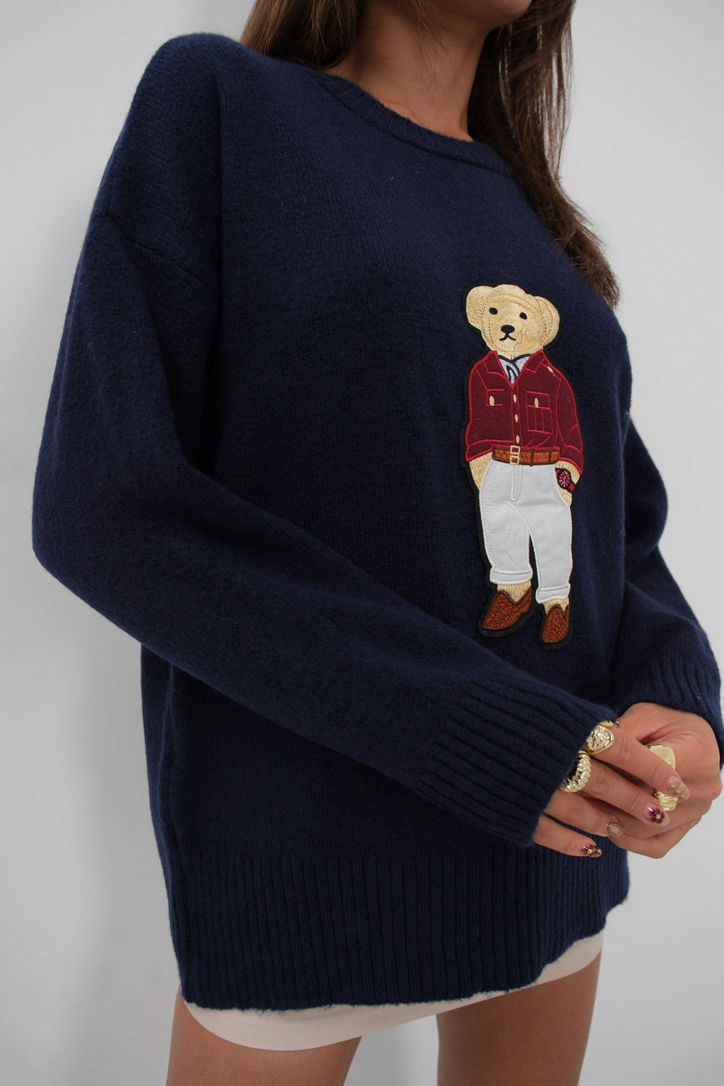 Ayicik Islemeli Oversize Navy Sweater