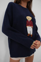 Ayicik Islemeli Oversize Navy Sweater