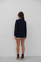 Ayicik Islemeli Oversize Navy Sweater