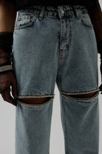 Leg Cut-Out Blue Stone Detail Jeanss