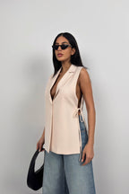 Lace Detail Beige Blazer Vest