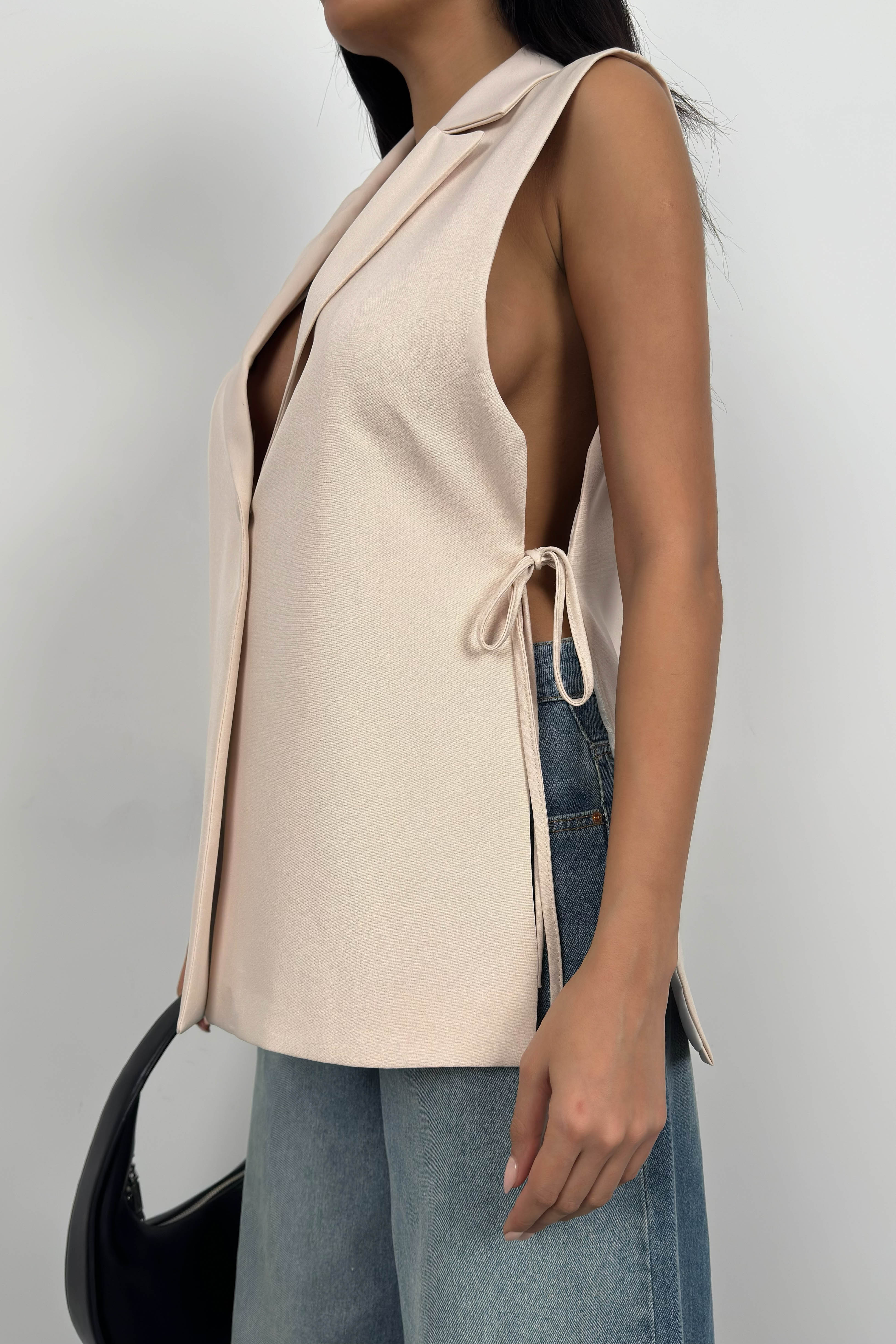 Lace Detail Beige Blazer Vest