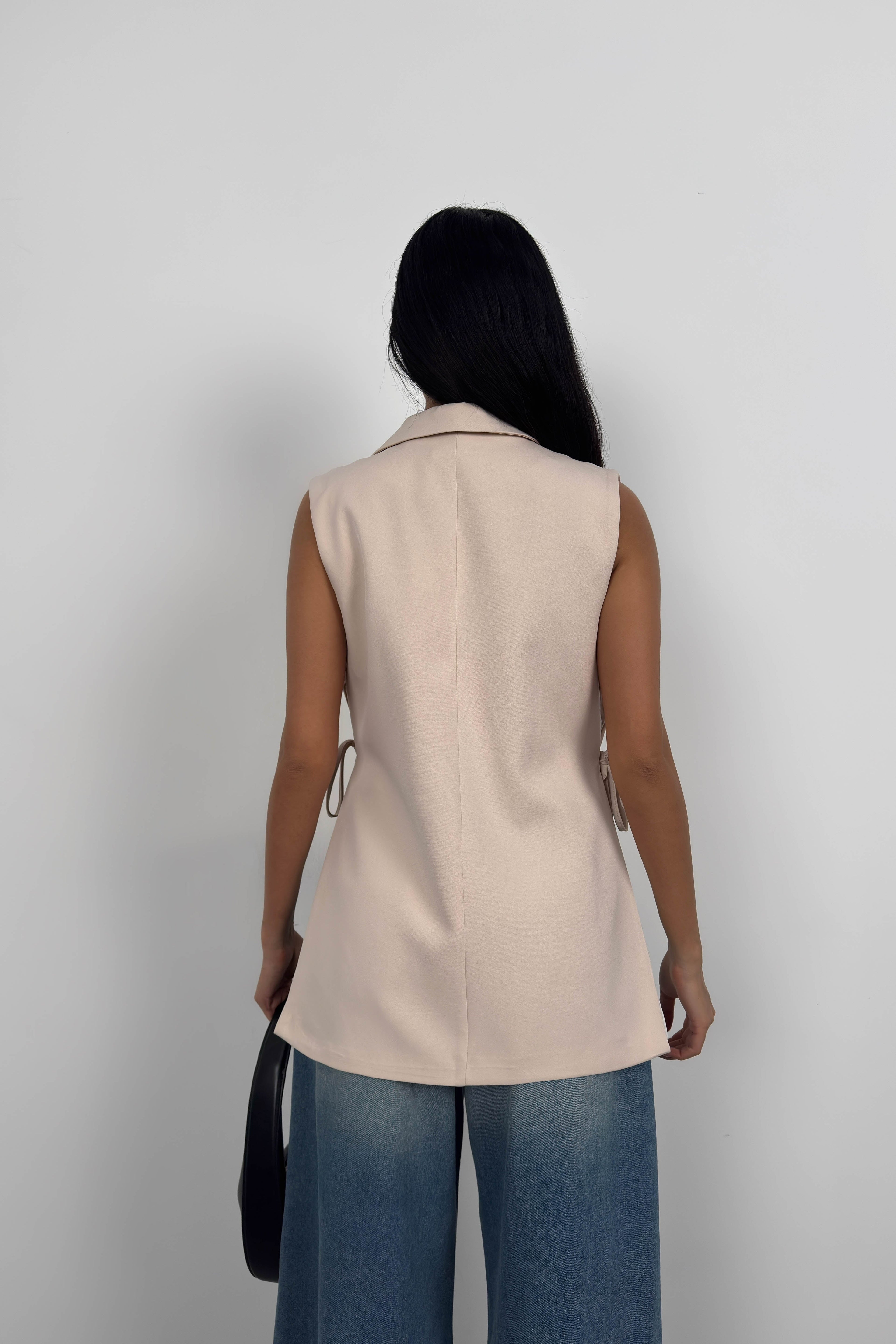 Lace Detail Beige Blazer Vest