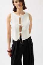 Tie Detail Low-Cut White Blouse