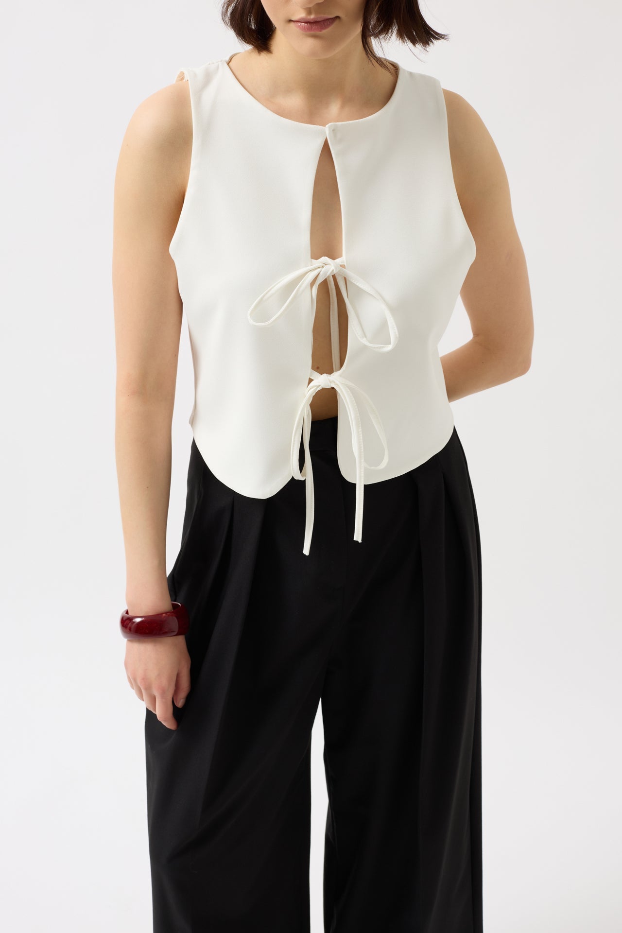 Tie Detail Low-Cut White Blouse