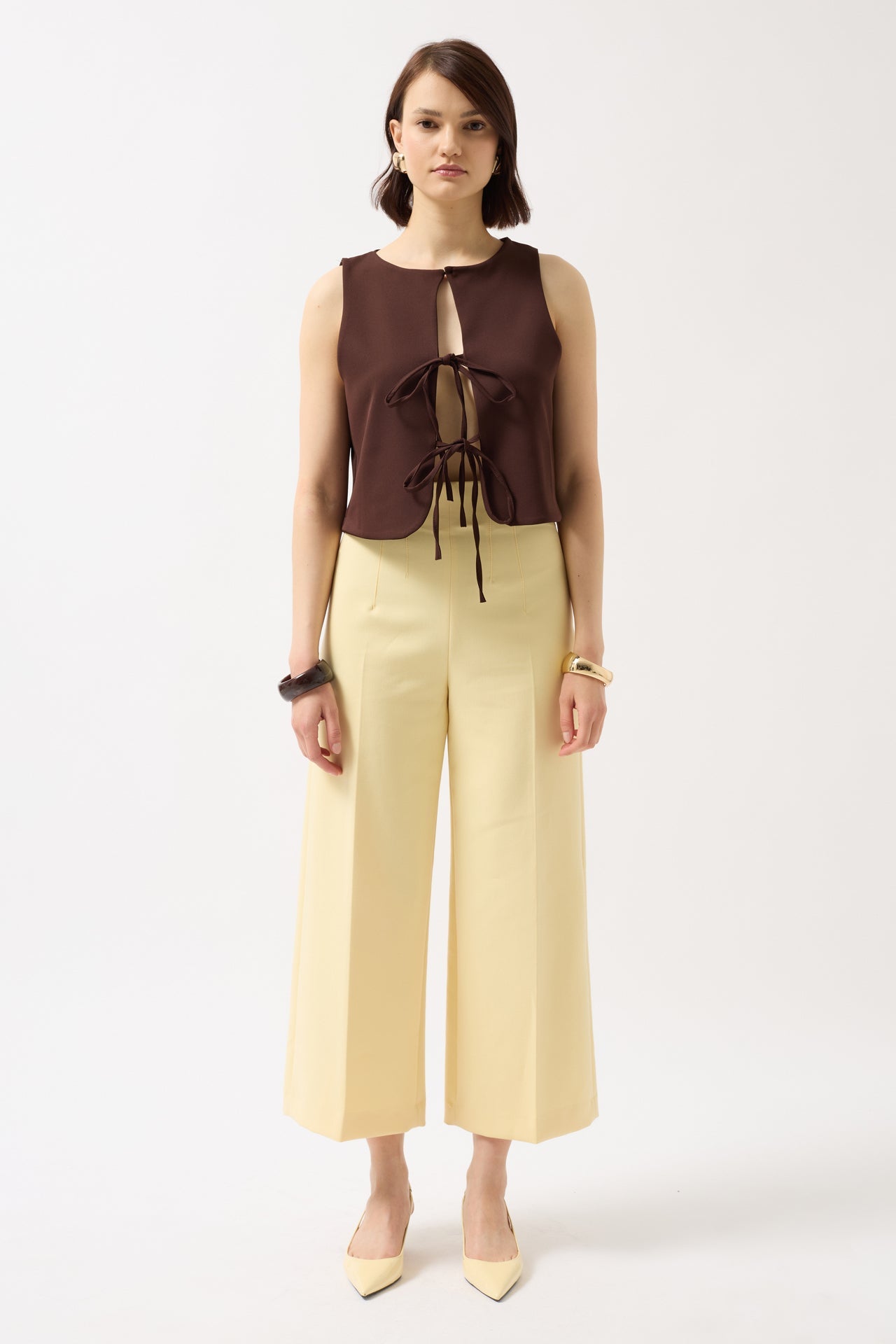 Drawstring Detail Cutout Brown Blouse