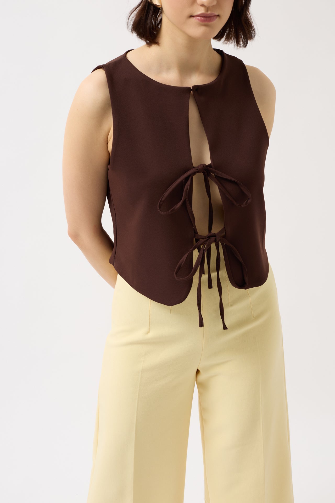 Drawstring Detail Cutout Brown Blouse