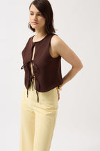Drawstring Detail Cutout Brown Blouse