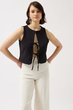 Tie Detail Low-Cut Black Blouse