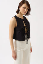 Tie Detail Low-Cut Black Blouse