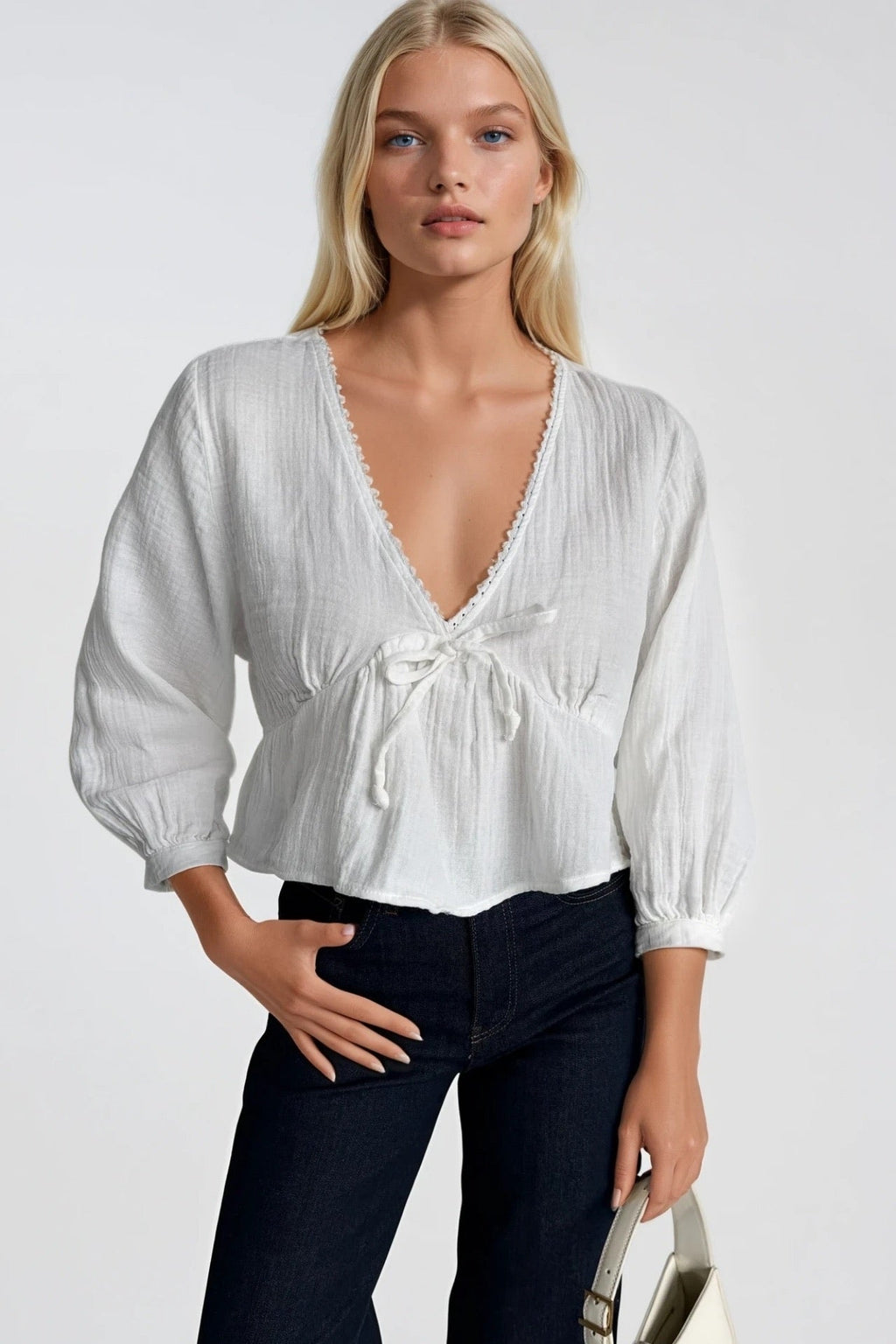 Lace-Up Detail V-Neck Textured White Blouse