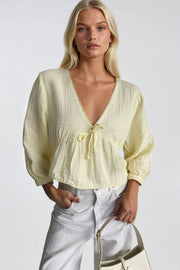 Lace Detail V-Neck Textured Yellow Blouse