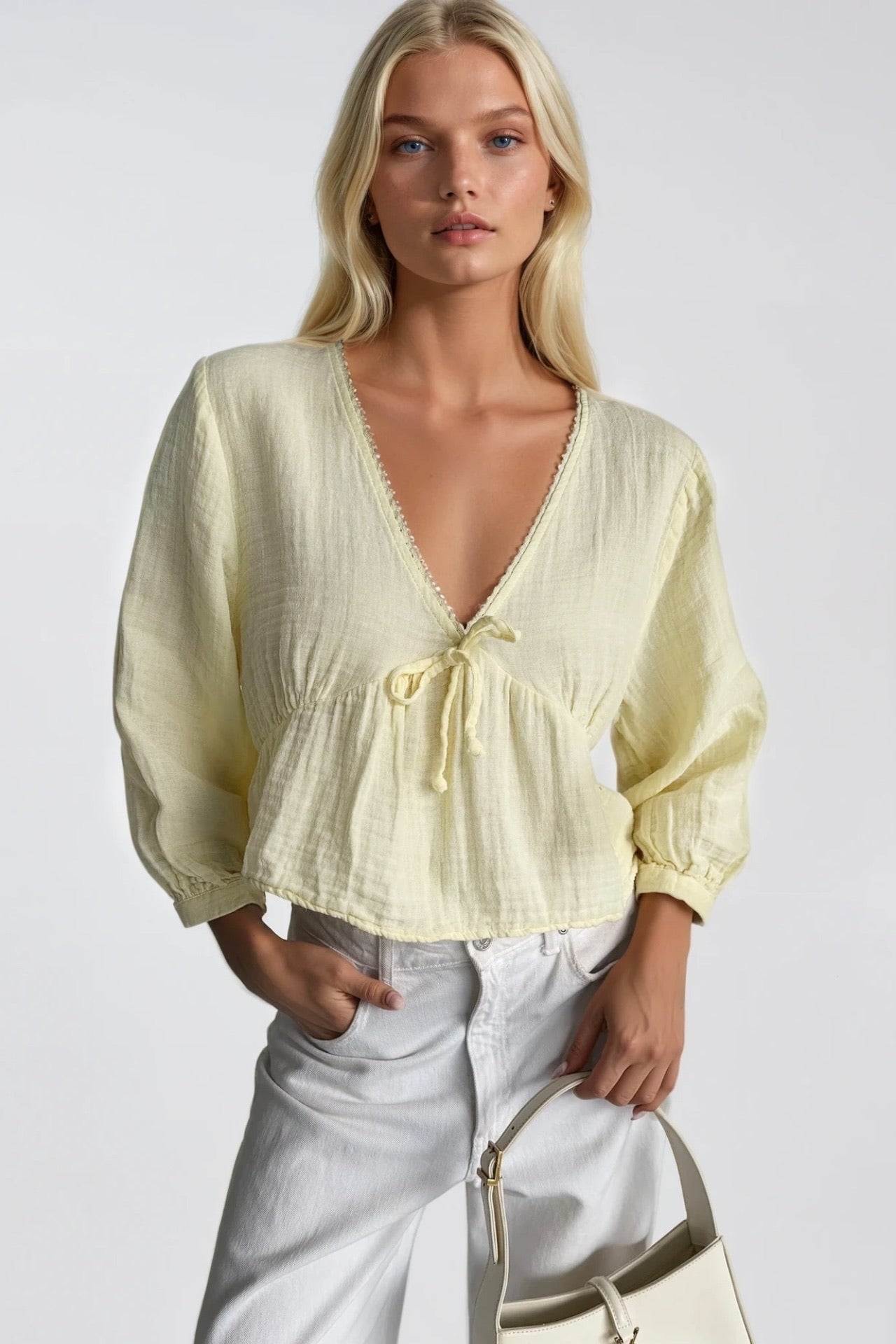 Lace-Up Detail V-Neck Textured Yellow Blouse
