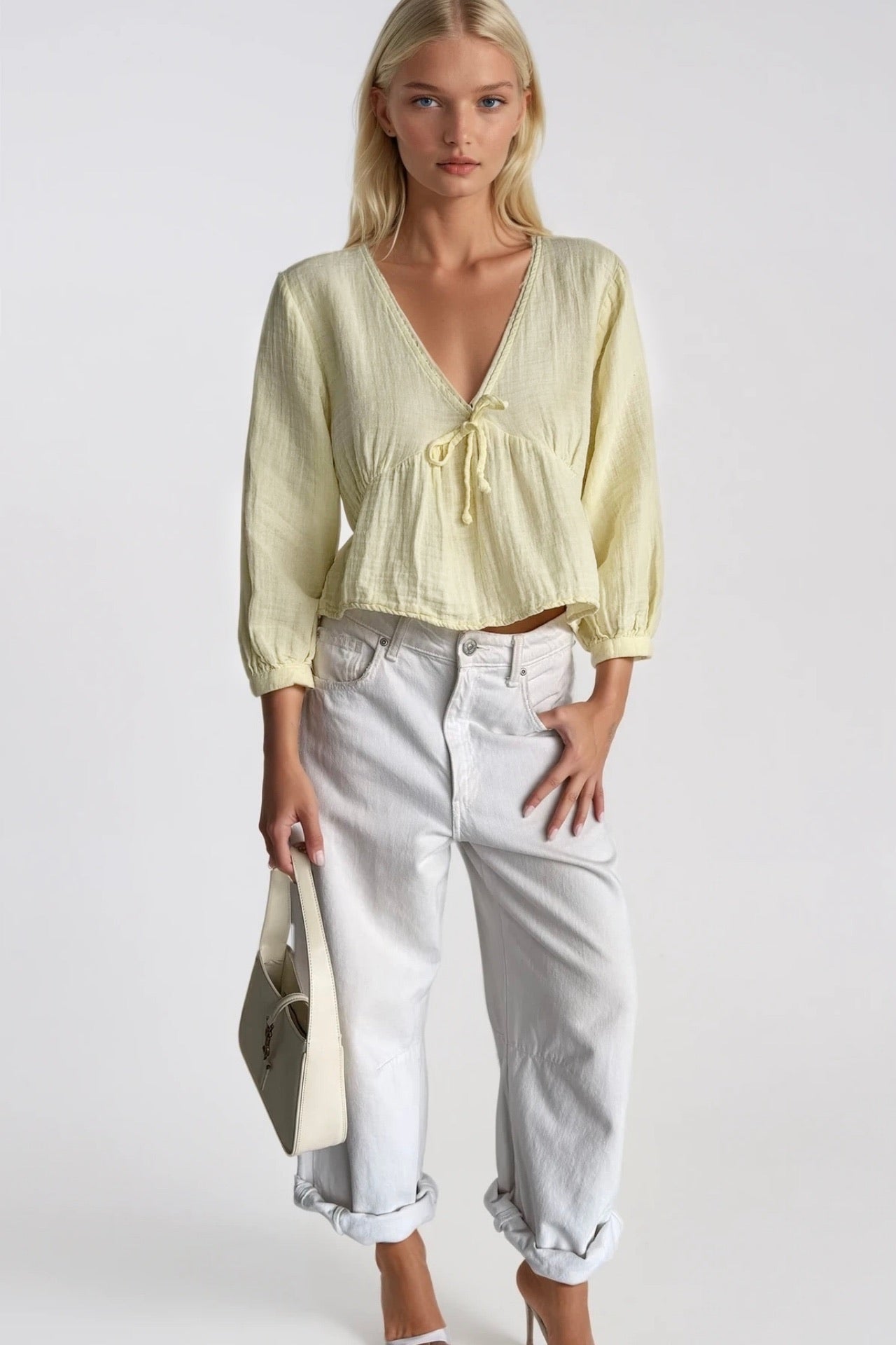 Lace-Up Detail V-Neck Textured Yellow Blouse