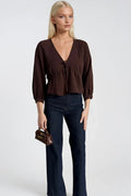 Lace-Up Detail V-Neck Textured Brown Blouse