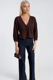 Lace-Up Detail V-Neck Textured Brown Blouse