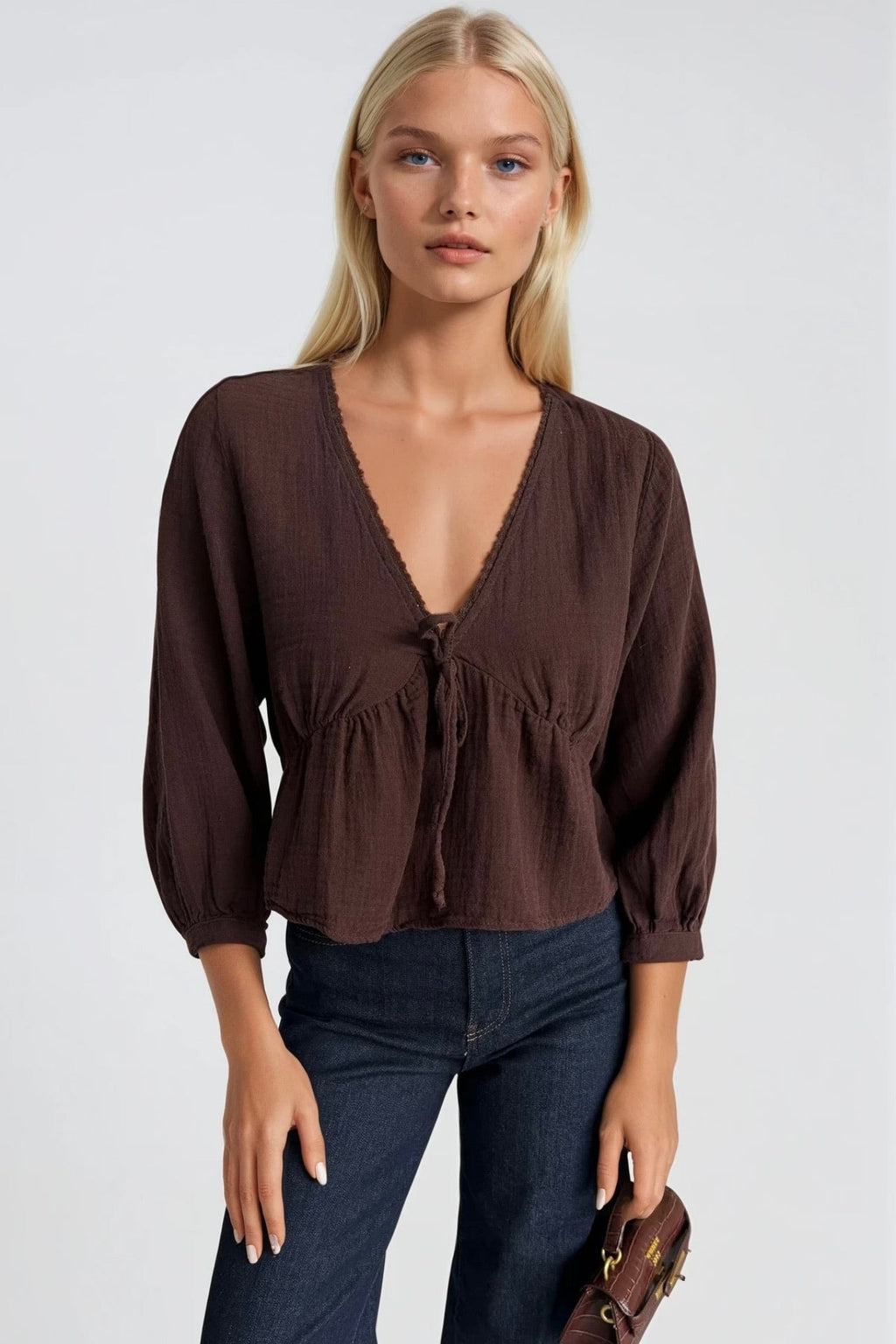 Lace-Up Detail V-Neck Textured Brown Blouse