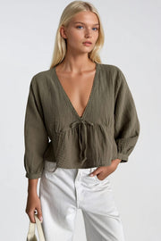 Lace Detail V-Neck Textured Khaki Blouse