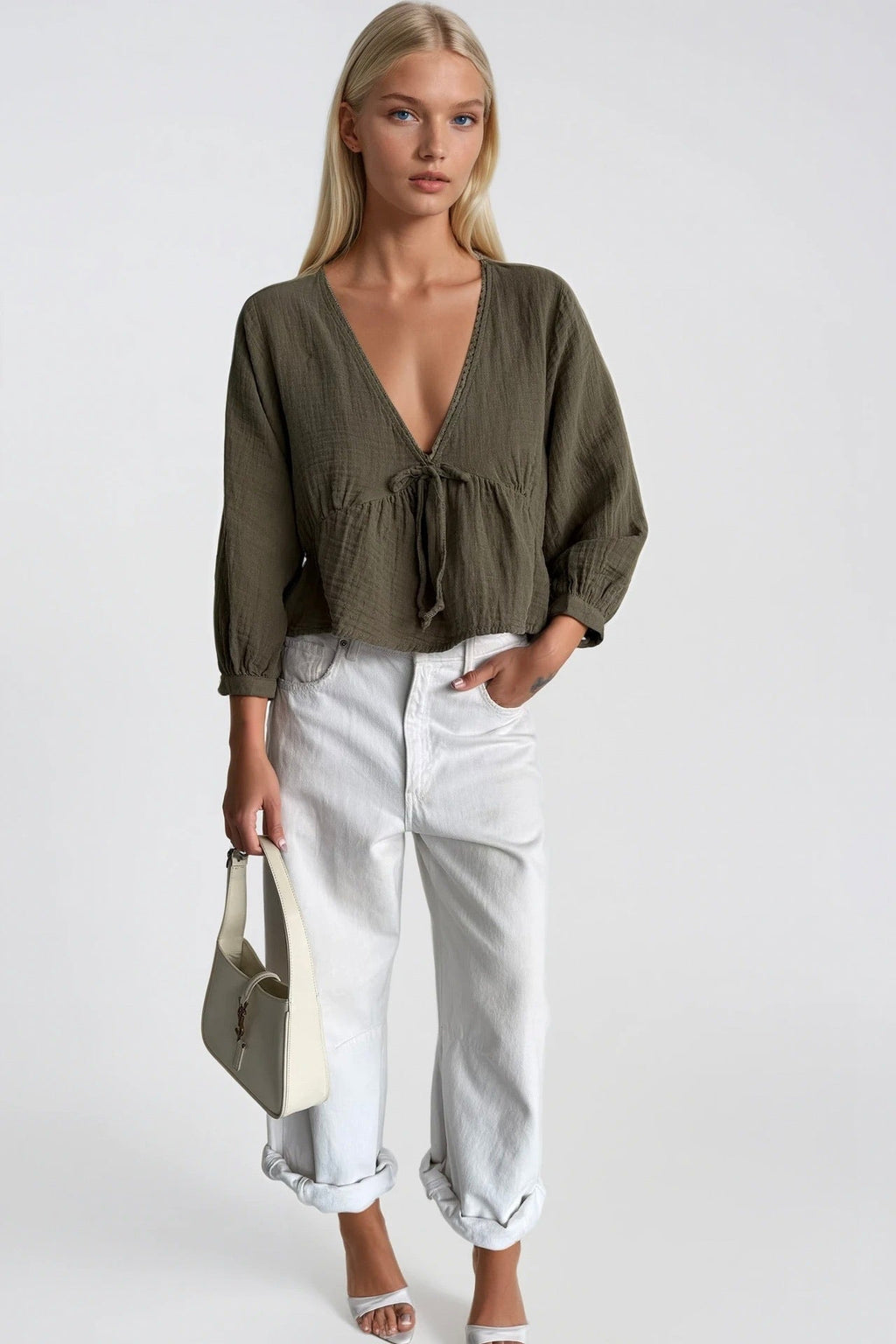Lace-Up Detail V-Neck Textured Khaki Blouse