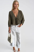 Lace-Up Detail V-Neck Textured Khaki Blouse