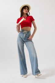 Lace Detail High Waist Light Blue Jeans