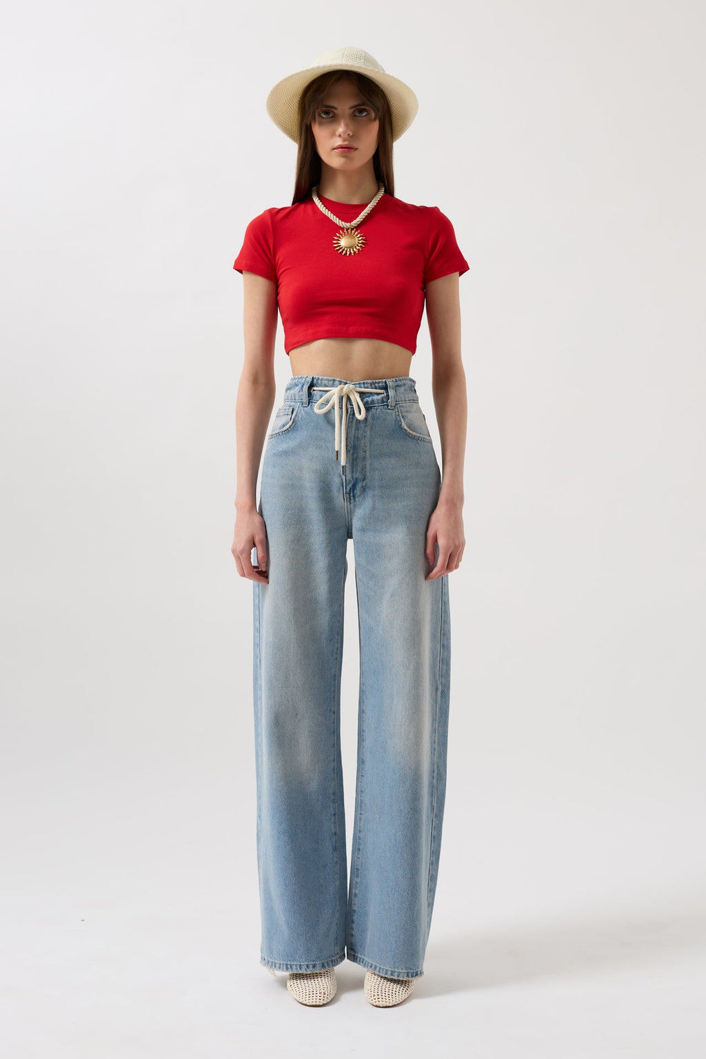 Lace-Up Detail High Waist Light Blue Jean