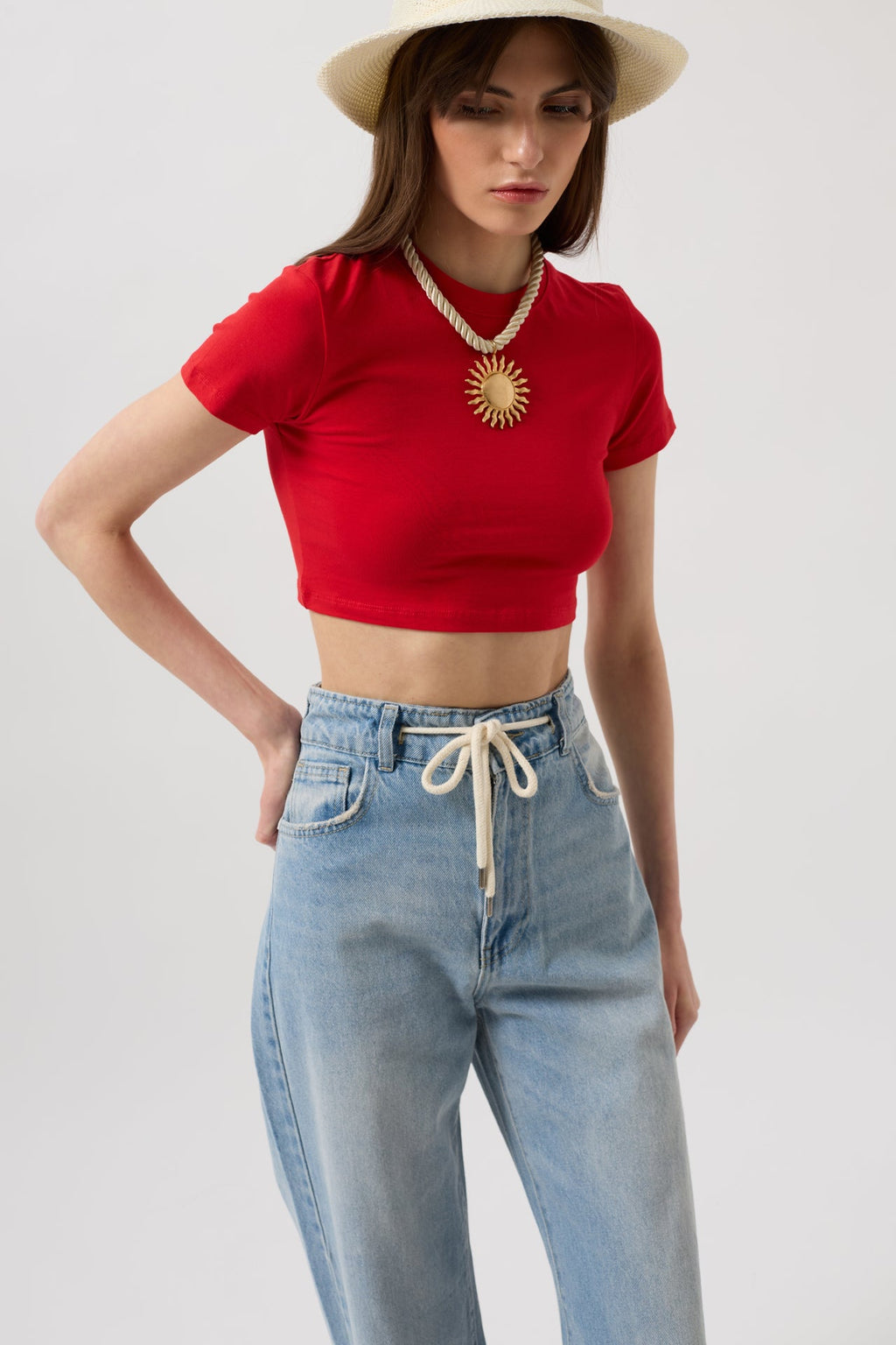 Lace-Up Detail High Waist Light Blue Jean