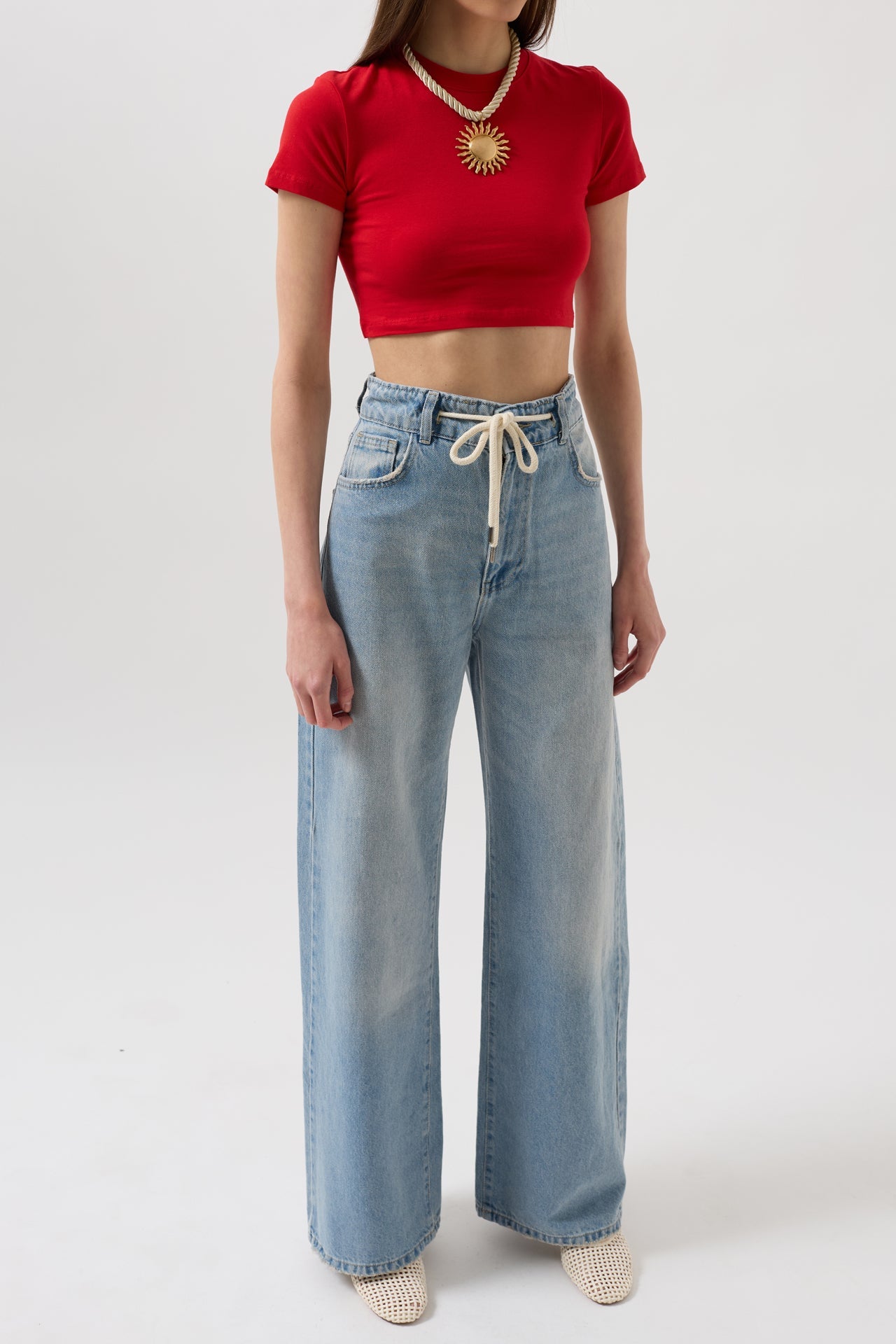 Lace-Up Detail High Waist Light Blue Jean
