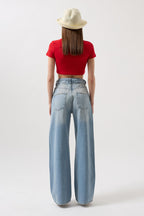 Lace-Up Detail High Waist Light Blue Jean