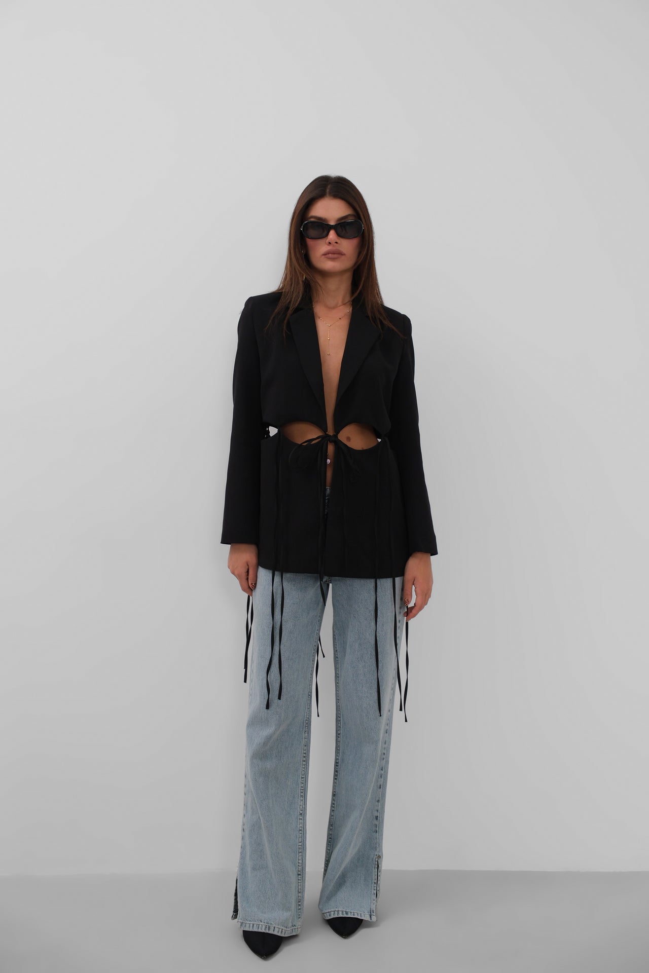 Lace-Up Detail Tasarim Black Jacket